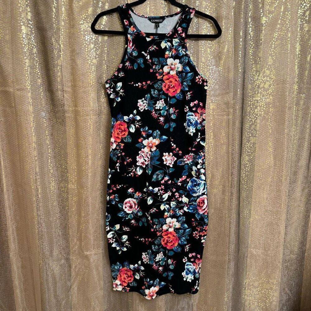 Express Black‎ Bright Floral Rose Bodycon Stretchy Tank Dress Med NWT